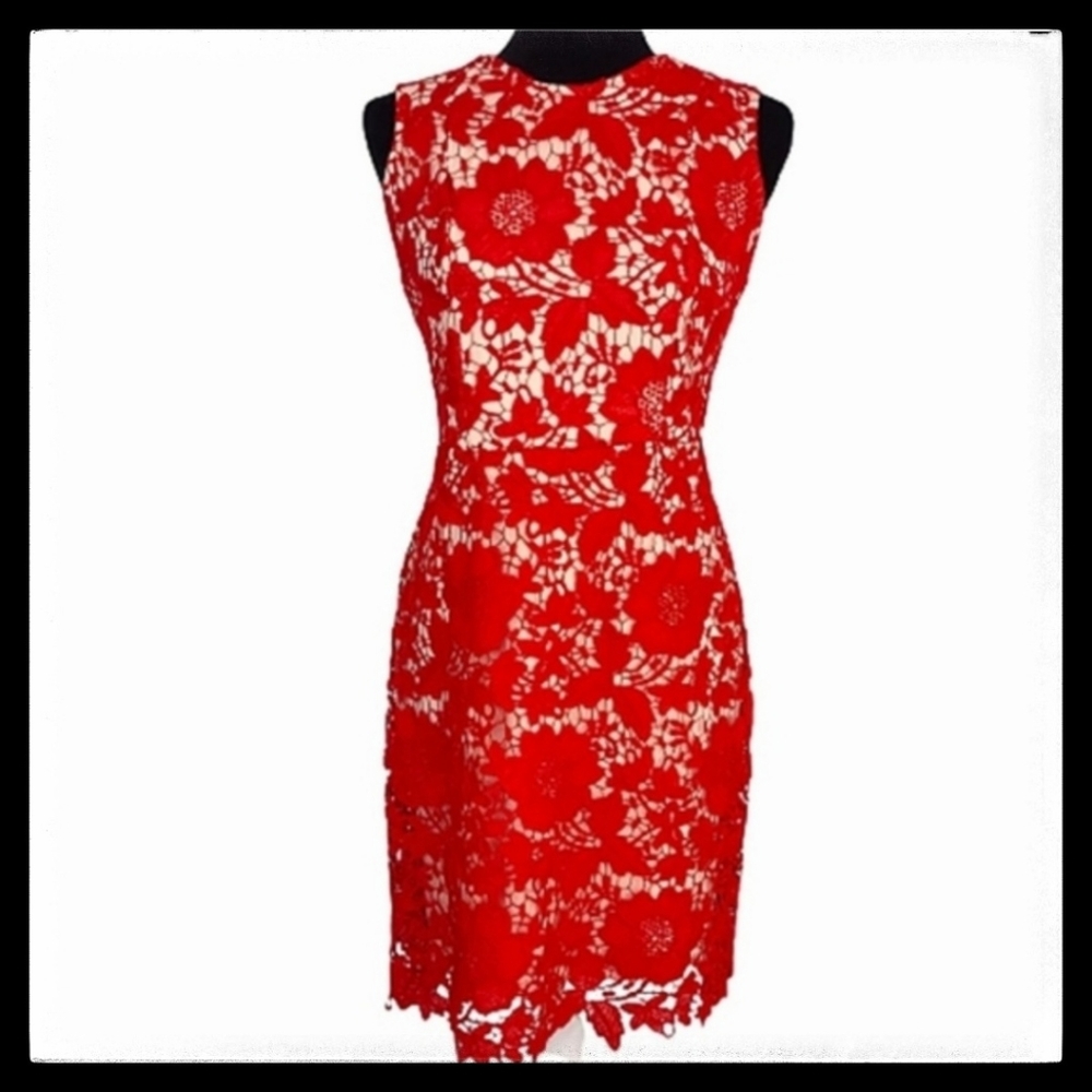 ECI New York Floral Lace Red Lined Midi-Dress Size 4 #30